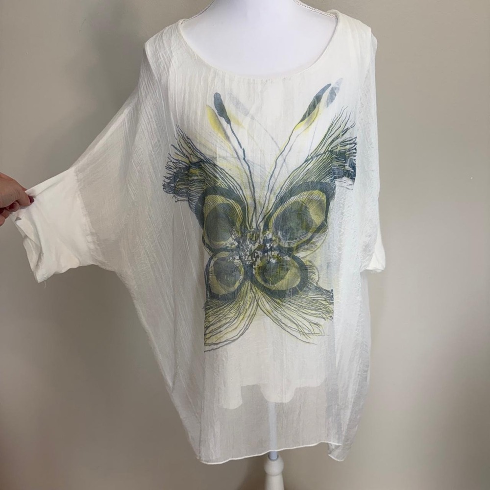 White Sheer Butterfly Oversized Tunic Blouse Womens L Fairy Whimsical Boho Y2k